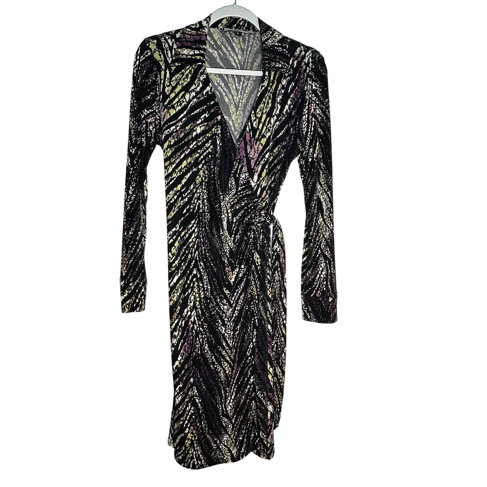 Lily‎ Abstract Zebra Wrap Dress Long Sleeve Tie Waist Small Black Yellow Purple
